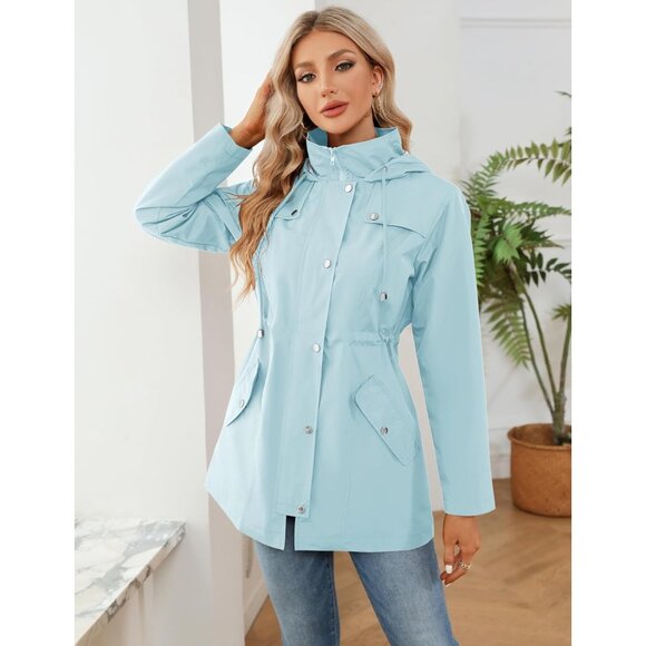 Women Light Blue Hiking Raincoat Women Waterproof Jacket Lightweight Hood - Picture 4 of 5
